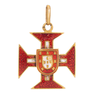 Antique Portuguese Medallion 19k Yellow Gold Cross of Christ Red Enamel Jewelry