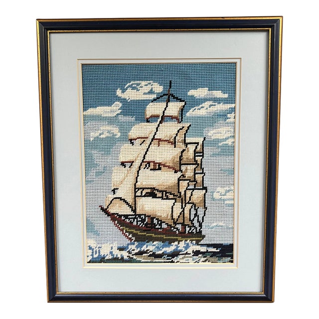 1990s Needlepoint of Old Ship For Sale