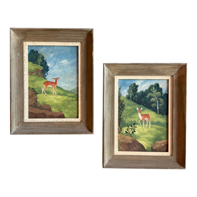 Late 20th Century Pair of Petite Framed Folk Art Landscape Deer Paintings For Sale