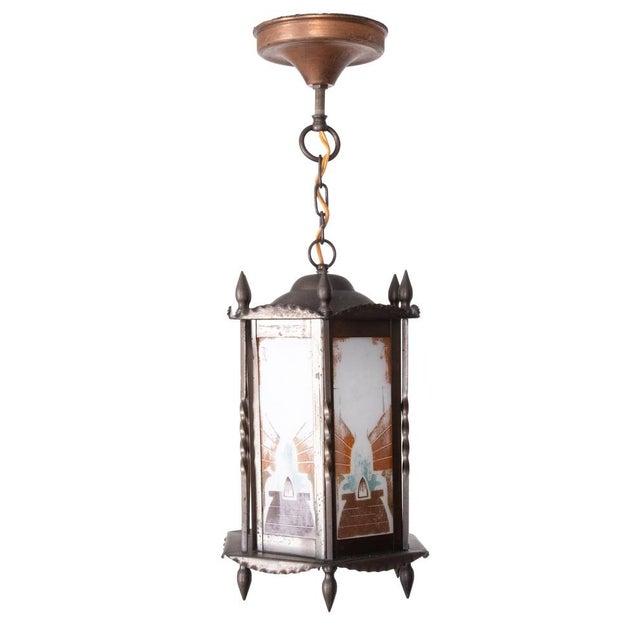 1920s Amsterdam School Art Deco Hexagonal Hallway Lamp with Painted Glass, 1920 For Sale - Image 5 of 14
