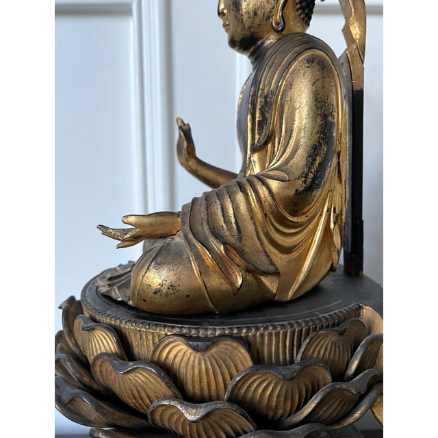 Japanese Antique Gilt Wood Amitabha Buddha on Loctus Throne Statue For Sale - Image 10 of 17