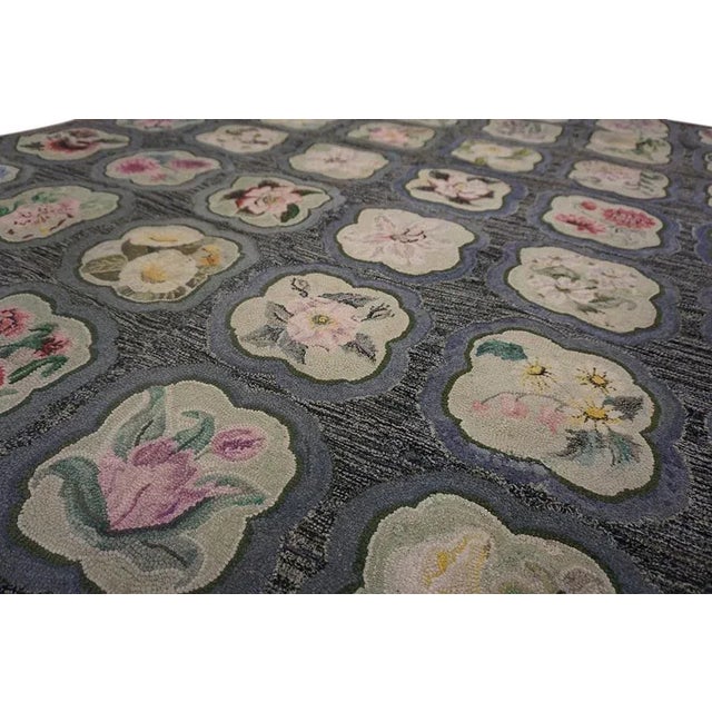 Dark Gray 1930s Gray Roses Folk Art Antique American Hooked Rug 5'10" X 7'6" Woven Cotton Carpet For Sale - Image 8 of 12