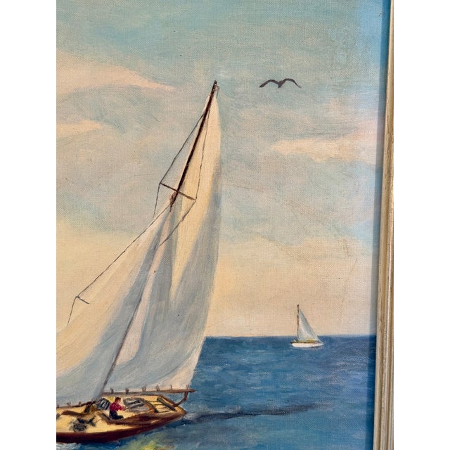 Textile Vintage Mid-Century Nautical Sailboat Seascape Original Oil Painting in Gilt Frame For Sale - Image 7 of 11
