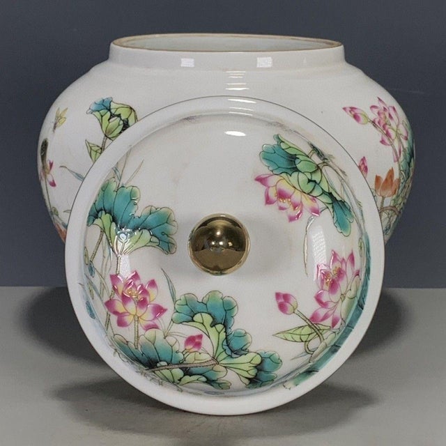 Ceramic Chinese Famille Rose Porcelain Lotus Covered Jar With Gilt Finial For Sale - Image 7 of 9