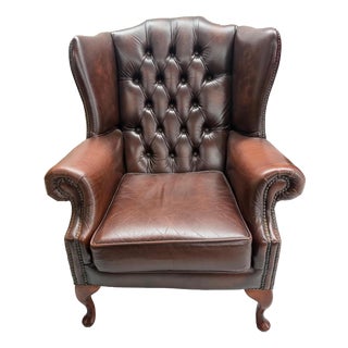 Brown Leather Wing Chair, 1980s For Sale