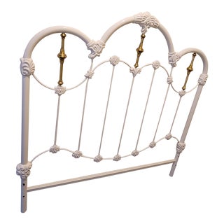 1990s Vintage French Shabby Chic Cast Iron White Full Size Headboard For Sale