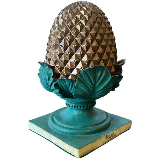 1960s 1960s Gold & Green Pinecone Finial Sculpture With Acanthus Leaf Motif and Square Plinth For Sale - Image 5 of 10