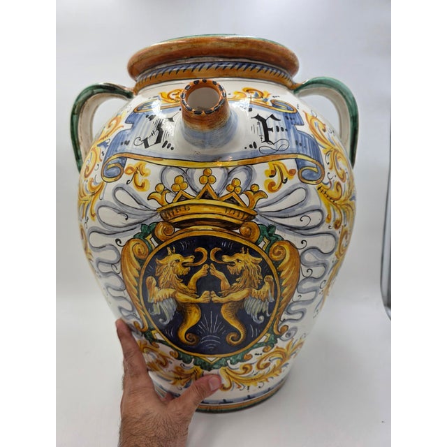 Amazing Rare Antique XL Mid 19th C Italian Majolica Olive Oil Jar Heraldic Lions Hand Painted For Sale - Image 12 of 18