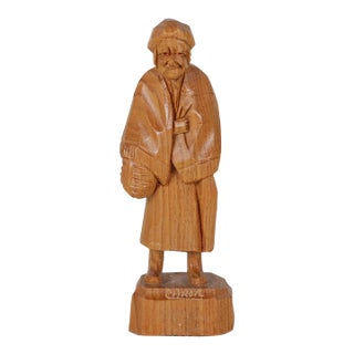 1970's Caron Hand-Carved Wood Figurine of Elderly Woman With Basket For Sale