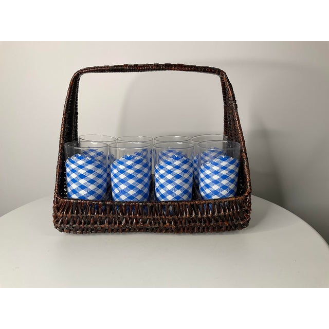 1970s 1970s Blue and White Americana Checked Glassware Set With Basket - 9 pcs For Sale - Image 5 of 11