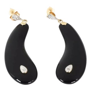 Onyx & Diamond 14k Two Tone Gold Long Teardrop Dangle Earrings - 2 Pieces For Sale