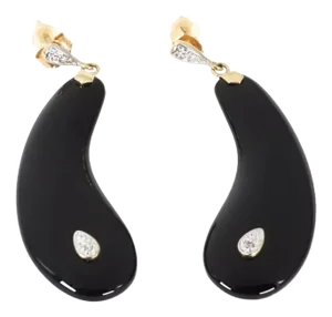 Onyx & Diamond 14k Two Tone Gold Long Teardrop Dangle Earrings - 2 Pieces