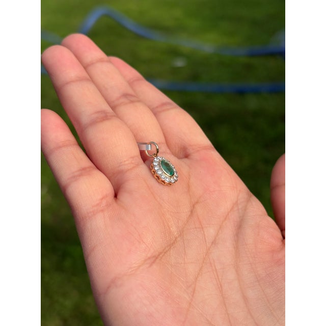 Zambian Emerald Diamond Halo Floral Victorian Pendant in 14k Yellow Gold For Sale - Image 9 of 15