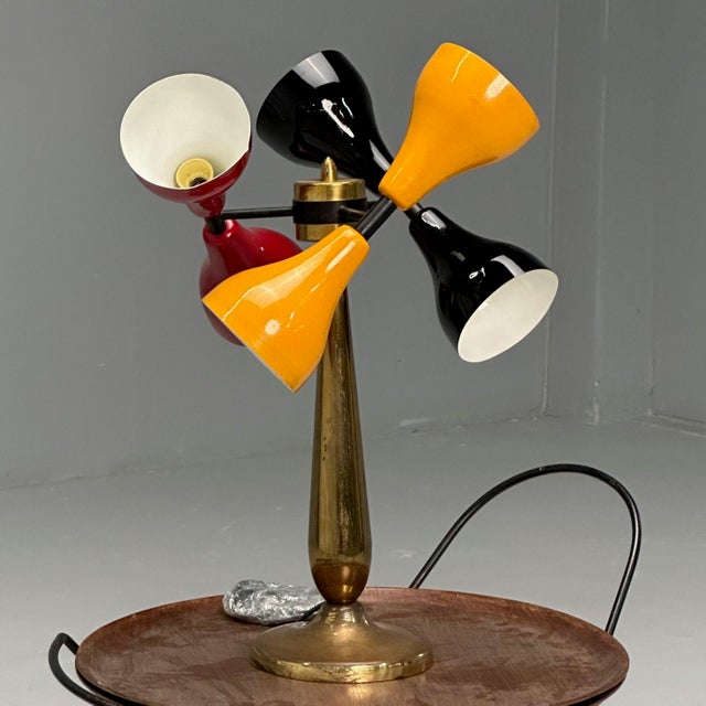 1960s Italian Mid-Century Modern, Table Lamp, Enameled Shades, Patinated Brass, 1960s For Sale - Image 5 of 8