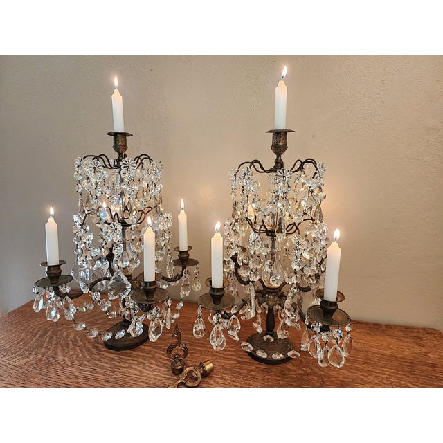 French Country Exquisite Pair of Vintage Crystal Girandole Candelabra 5 Light Mantel Garnitures For Sale - Image 3 of 18