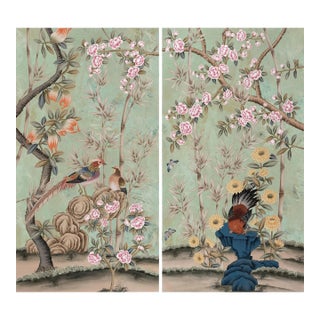 22" *44"/Panel, Chinoiserie Mint Green Pheasant Floral 2-Panel Wallpaper Panels, No Frame, Tea Paper For Sale