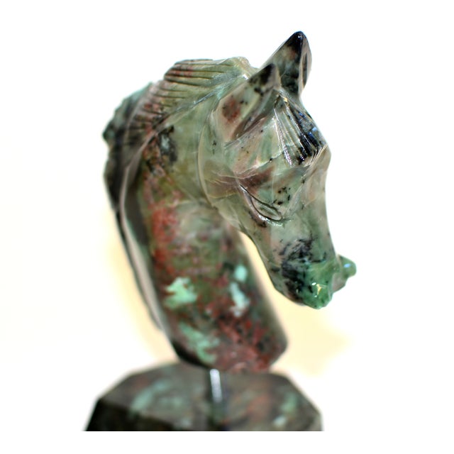 Gemstone Natural Emerald Gemstone Horse Bust Sculpture Hand Carved Cherry Blossom For Sale - Image 7 of 13