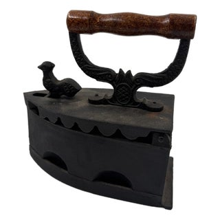 Antique Cast Iron Iron with Wooden Handle and Rooster Figurine, 1950s For Sale