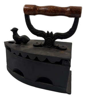 Antique Cast Iron Iron with Wooden Handle and Rooster Figurine, 1950s