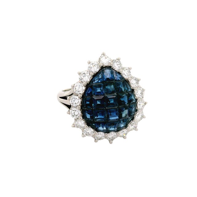 Contemporary Invisible-Set Sapphire Diamond Platinum Halo Ring, Size 7 For Sale - Image 3 of 6