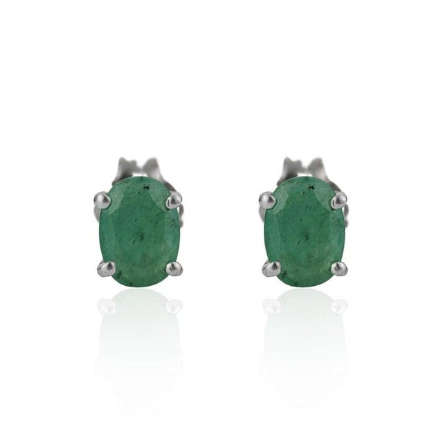 Gemstone Solid Silver Oval Cut Emerald May Birthstone Solitaire Stud Earrings, a Pair For Sale - Image 7 of 12