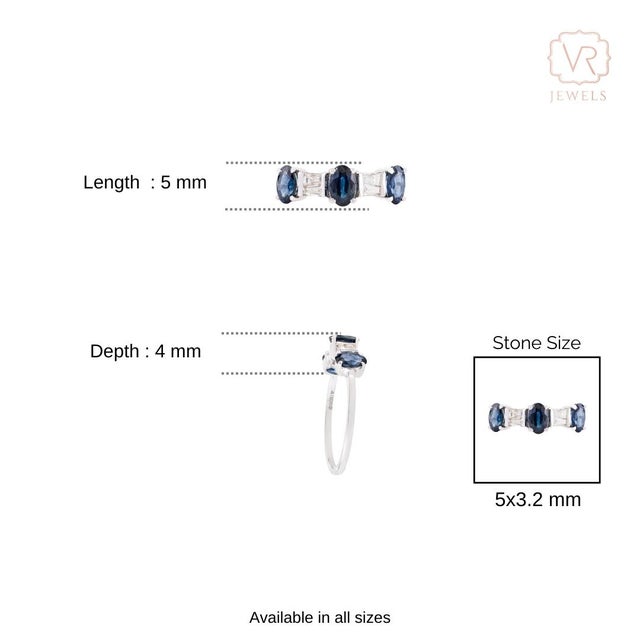 Vintage Style Blue Sapphire and Diamond Three Stone Ring Size 6.5 in 14k White Gold For Sale - Image 9 of 13