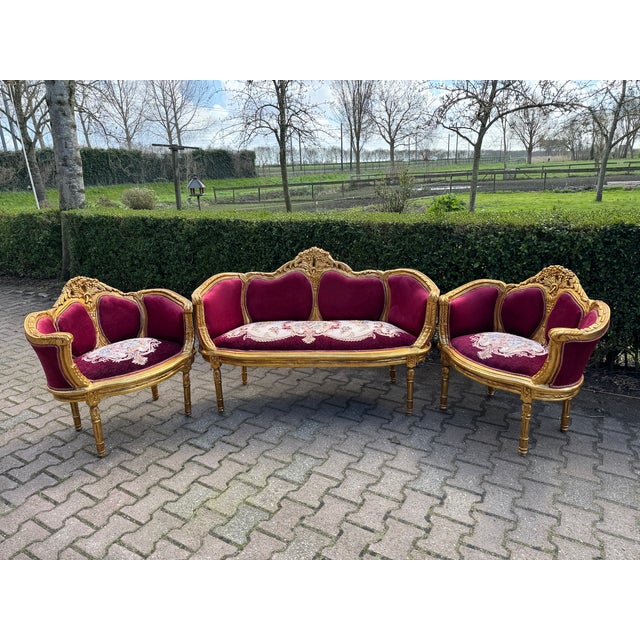 1960 French Louis XVI Burgundy Beech Velvet Sofa Set 3 PCS For Sale - Image 18 of 18