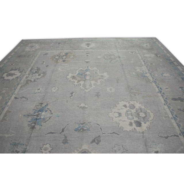 Early 21st Century Gray & Blue Floral Design Handwoven Wool Turkish Oushak Rug 12' X 16'1" For Sale - Image 4 of 8