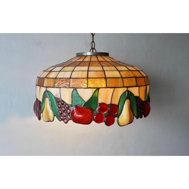 1970s Tiffany-Style Stained Glass Fruit Leaf Motif Pendant Hanging Light Fixture For Sale - Image 15 of 18