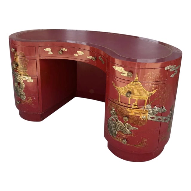 Mid Century Red & Gold Chinoiserie Kidney Shaped Vanity or Desk For Sale