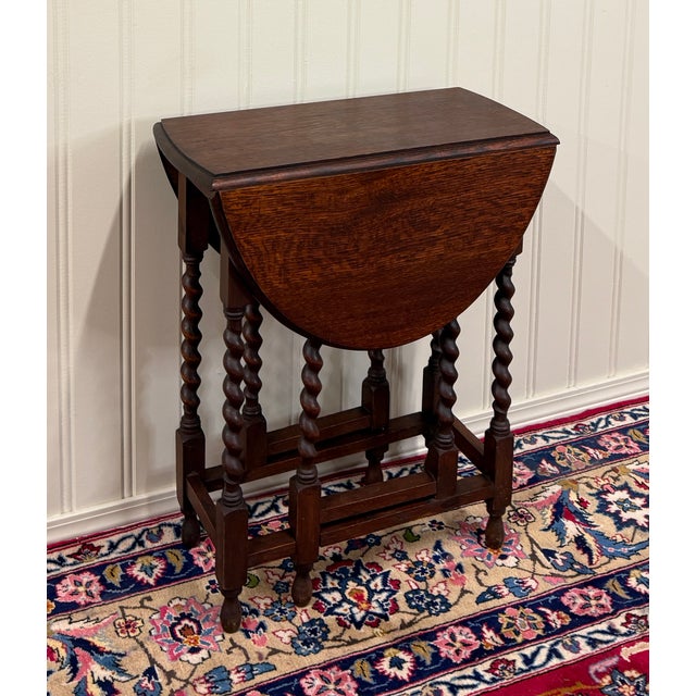 English Antique English Petite Table Drop Leaf Gateleg Barley Twist Oak Oval c.1920-30s For Sale - Image 3 of 16