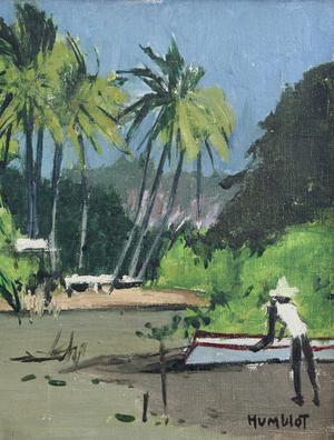 Robert Humblot, Dusk on Schoelcher Lagoon Martinique, 1959, Oil on Canvas, Framed