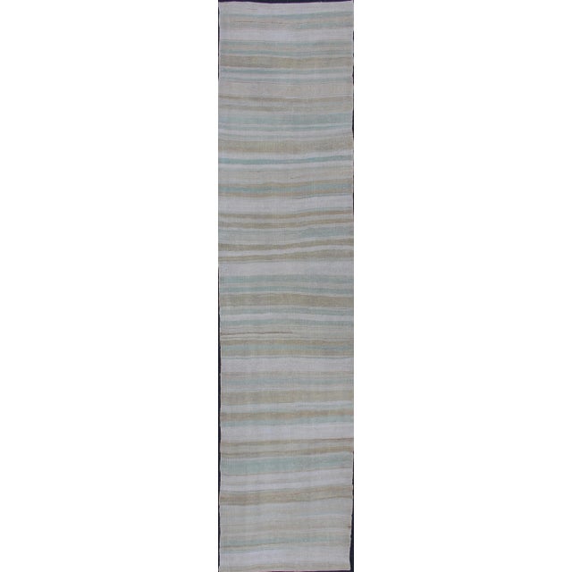 Vintage Turkish Flat-Weave Runner With Stripe Design Cream, Tan, Taupe, and Light Green For Sale - Image 12 of 12