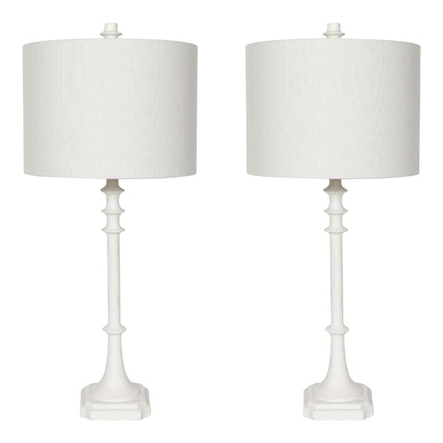 Late 20th Century Tall White Gesso Table Lamps With Shades - a Pair For Sale