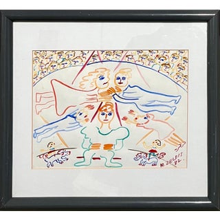 Malcah Zeldis, Malcah Zeldis Folk Art Gouache Painting Outsider Circus Trapeze Artist Acrobats, 1982 For Sale