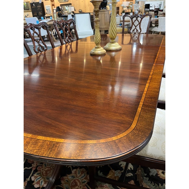 Late 20th Century Henkel Harris Three-Leg Double Pedestal Dining Table Set With 8 Chairs For Sale - Image 10 of 12