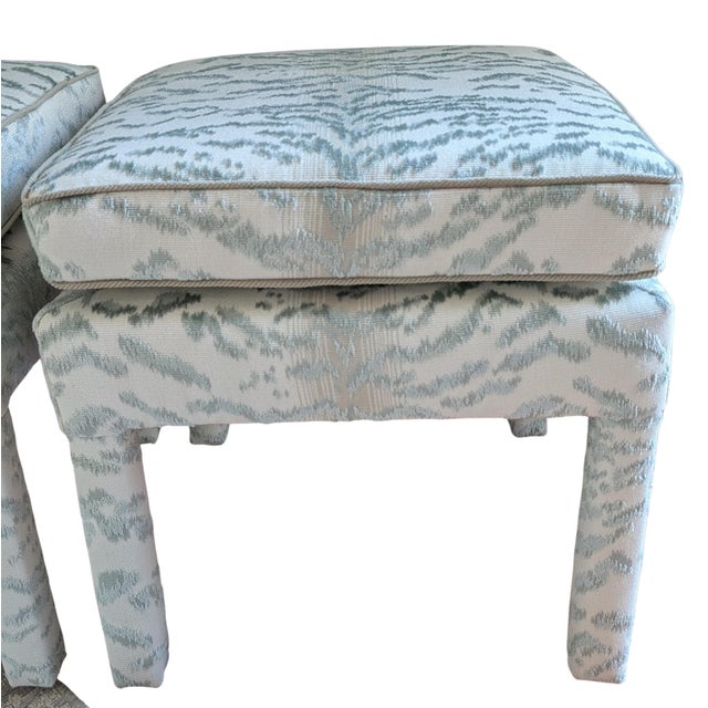 Traditional Cowtan & Tout Rajah Velvet Parsons Ottomans in Celadon - Pair For Sale - Image 3 of 13