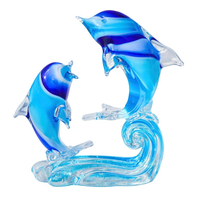 Vintage Blue Murano Dolphins-On-Wave Italian Art Glass Sculpture For Sale