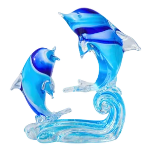 Vintage Blue Murano Dolphins-On-Wave Italian Art Glass Sculpture