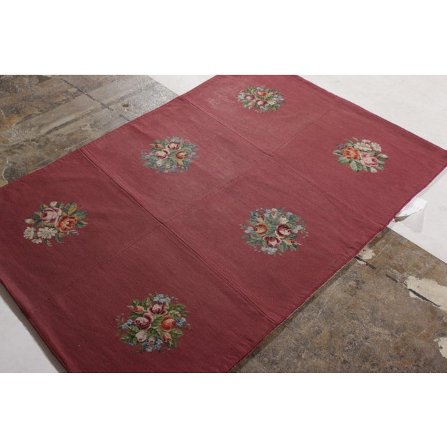 Handmade Antique Needlepoint Rug in Red With Medallion Floral Patterns For Sale - Image 4 of 8