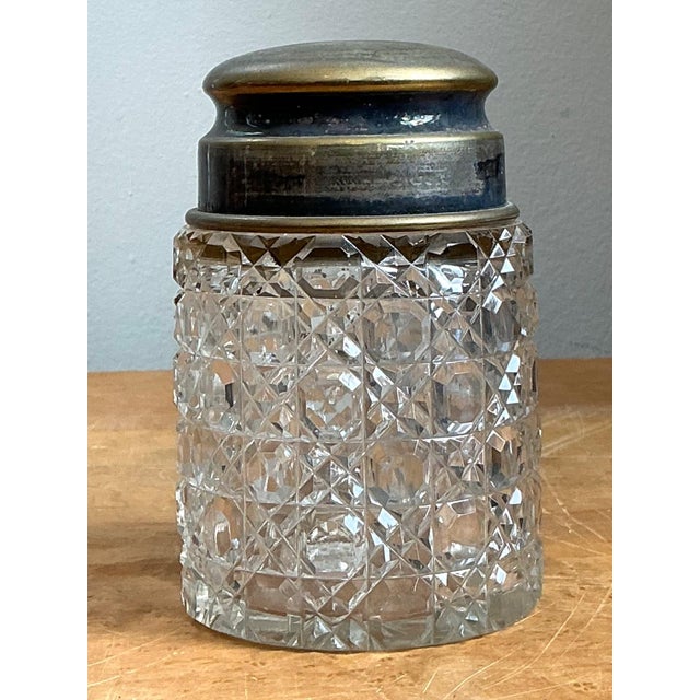 Transparent Antique Monogrammed Metal Topped Glass Vanity Jar For Sale - Image 8 of 18