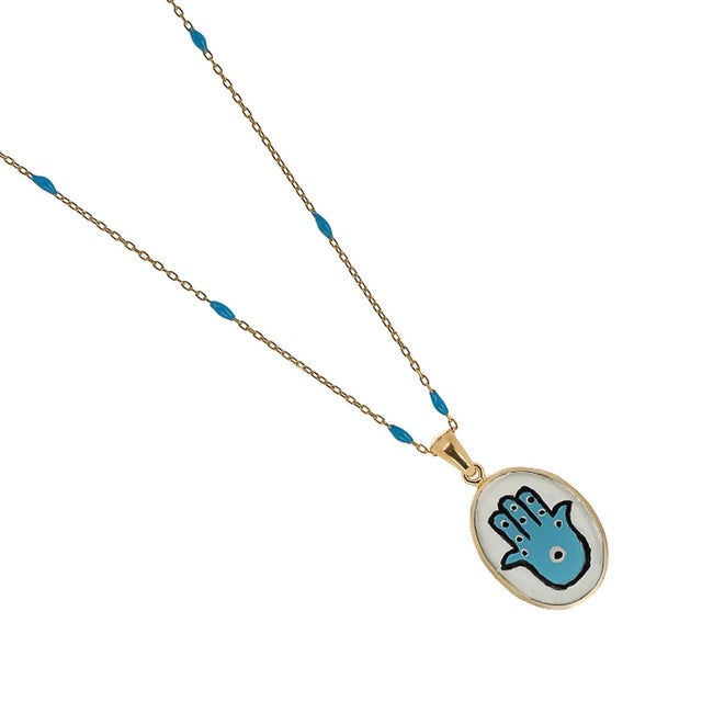 Early 21st Century Hamsa Hand Good Fortune Turquoise Pendant Gold Chain Necklace For Sale - Image 5 of 7