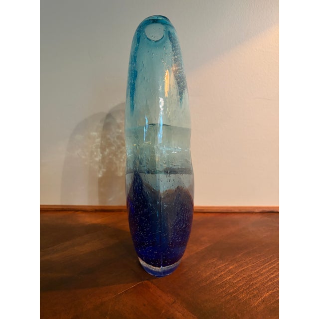 Vintage Handblown Open Center Blue Art Glass Sculptural Vase With Bubbles For Sale In San Diego - Image 6 of 7