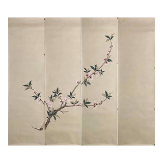 Hand-Painted Minimalist Peach Blossom Branch Chinoiserie Mural For Sale
