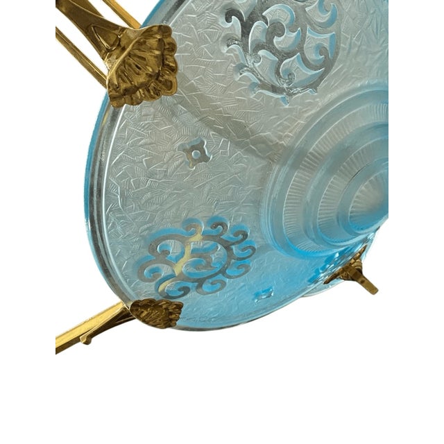 Art Deco Vintage Chandelier Light Swedish Art Deco Style Plated Brass & Aqua Blue Frosted For Sale - Image 3 of 11