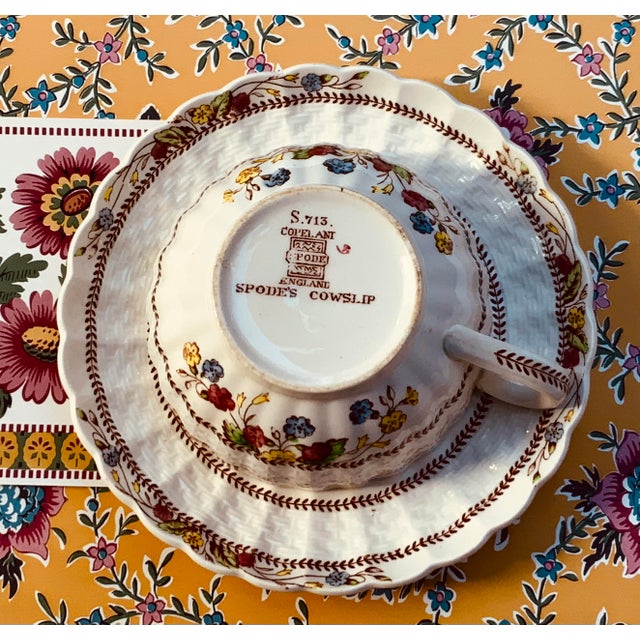 1930s Spode Cowslip Basketweave Brown and Cream Ceramic Teacups and Saucers, Set of 4 For Sale - Image 13 of 18