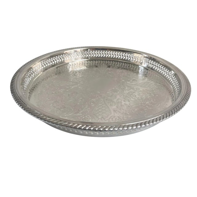 Metal Large Vintage Rogers Etched Silver Plate Footed Pierced Gallery Serving Tray For Sale - Image 7 of 9