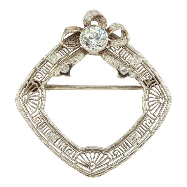 1920s 14k White Gold Diamond Filigree Wreath Pin Brooch For Sale