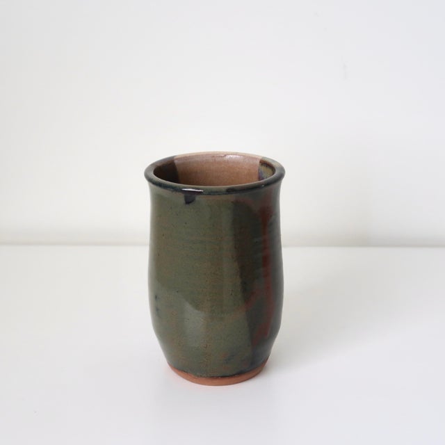 Signed Handmade Ceramic Studio Pottery Tumbler Shaped Vessel With Abstract Brushwork & Variegated Glaze For Sale - Image 14 of 16