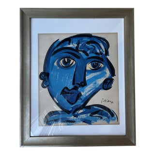 Mid 20th Century Abstract Expressionist Portrait Acrylic Painting by Peter Keil, Framed For Sale